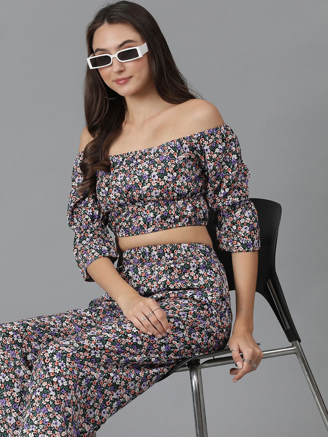 Kotty Floral Printed Off-Shoulder Crop Top & Trousers