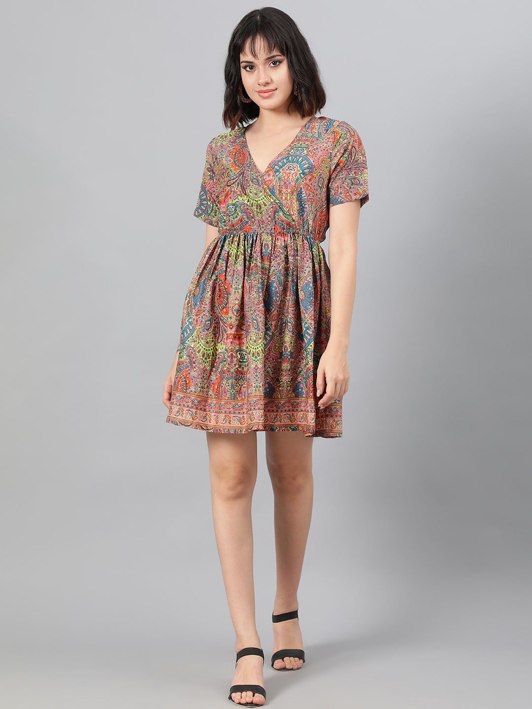 Kotty Pink Ethnic Motif Printed Fit & Flare Mini Dress