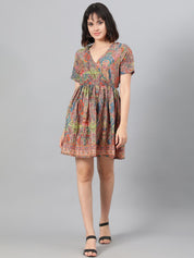 Kotty Pink Ethnic Motif Printed Fit & Flare Mini Dress