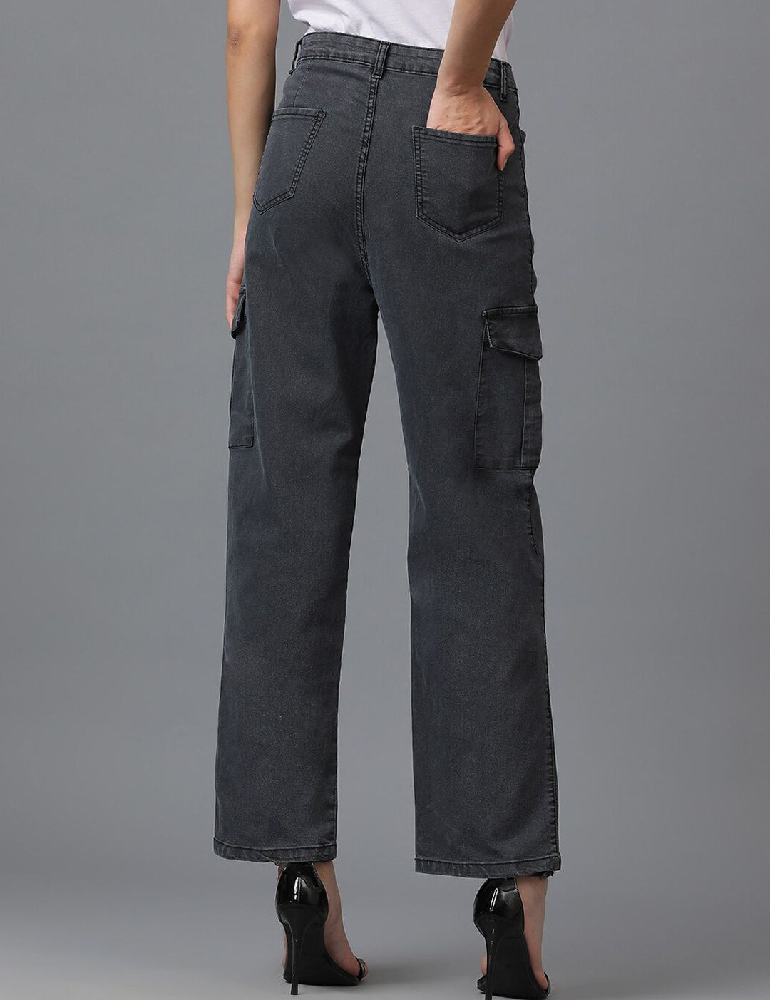 Kotty Women Black Jean Straight Fit High Rise Cargo Stretchable Jeans