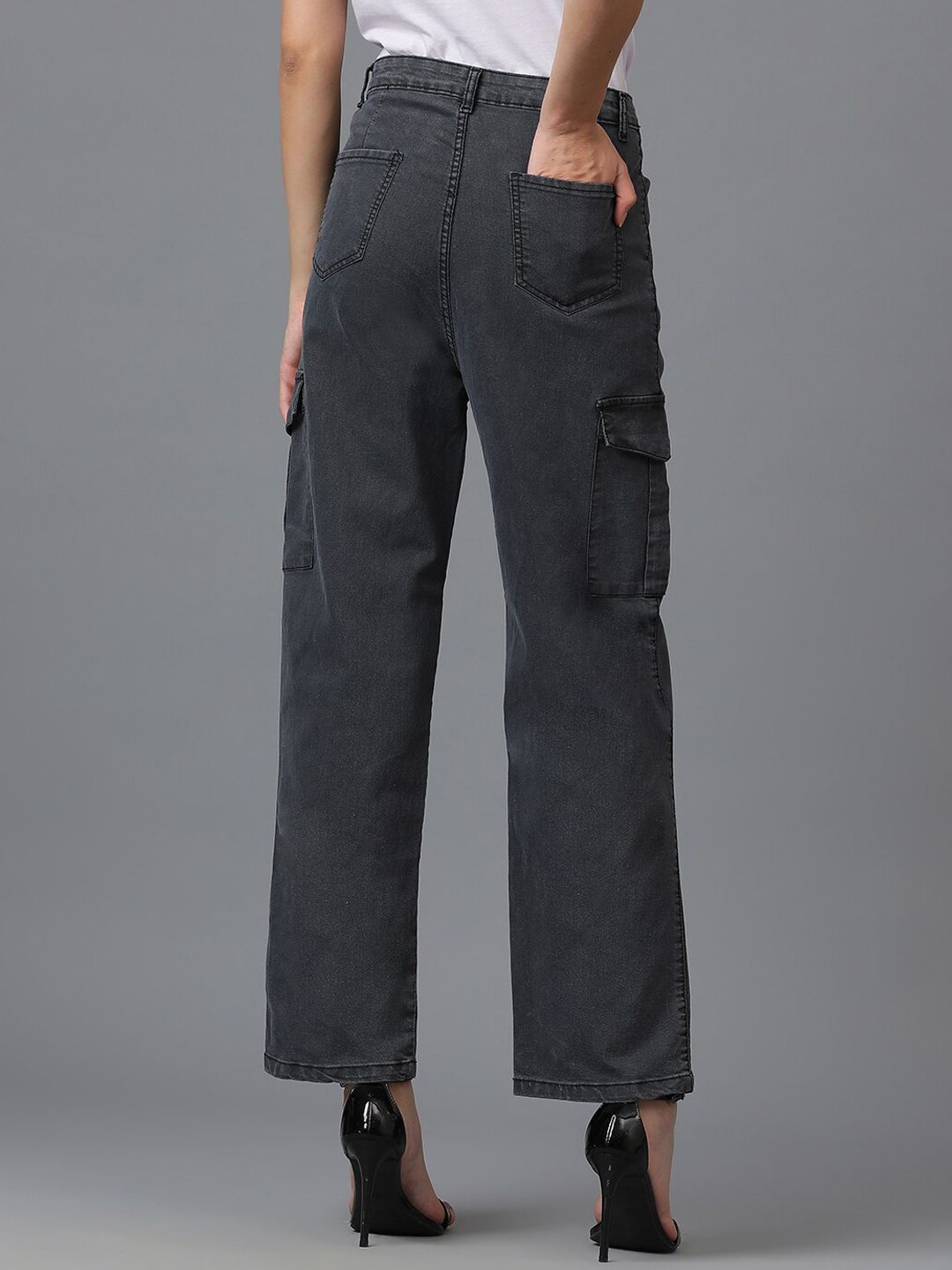 Kotty Women Black Jean Straight Fit High Rise Cargo Stretchable Jeans