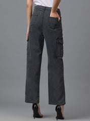 Kotty Women Black Jean Straight Fit High Rise Cargo Stretchable Jeans