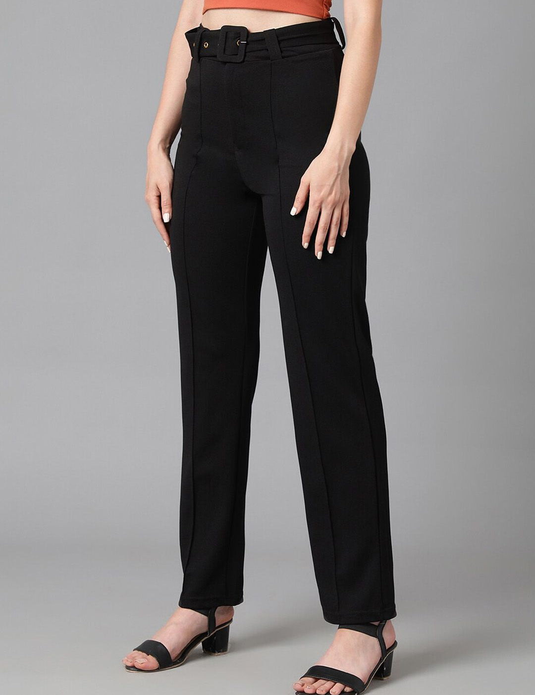 Kotty Women Black Relaxed Straight Leg High-Rise Easy Wash Trousers Comes With Belt