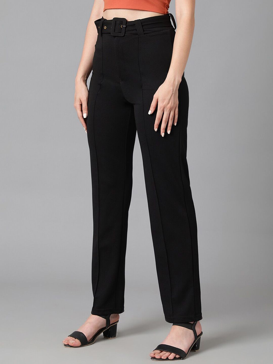 Kotty Women Black Relaxed Straight Leg High-Rise Easy Wash Trousers Comes With Belt
