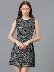 Kotty Black & White Floral Printed A-Line Dress