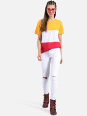 Kotty Yellow Colourblocked Round Neck Regular Fit Cotton Casual T-Shirt