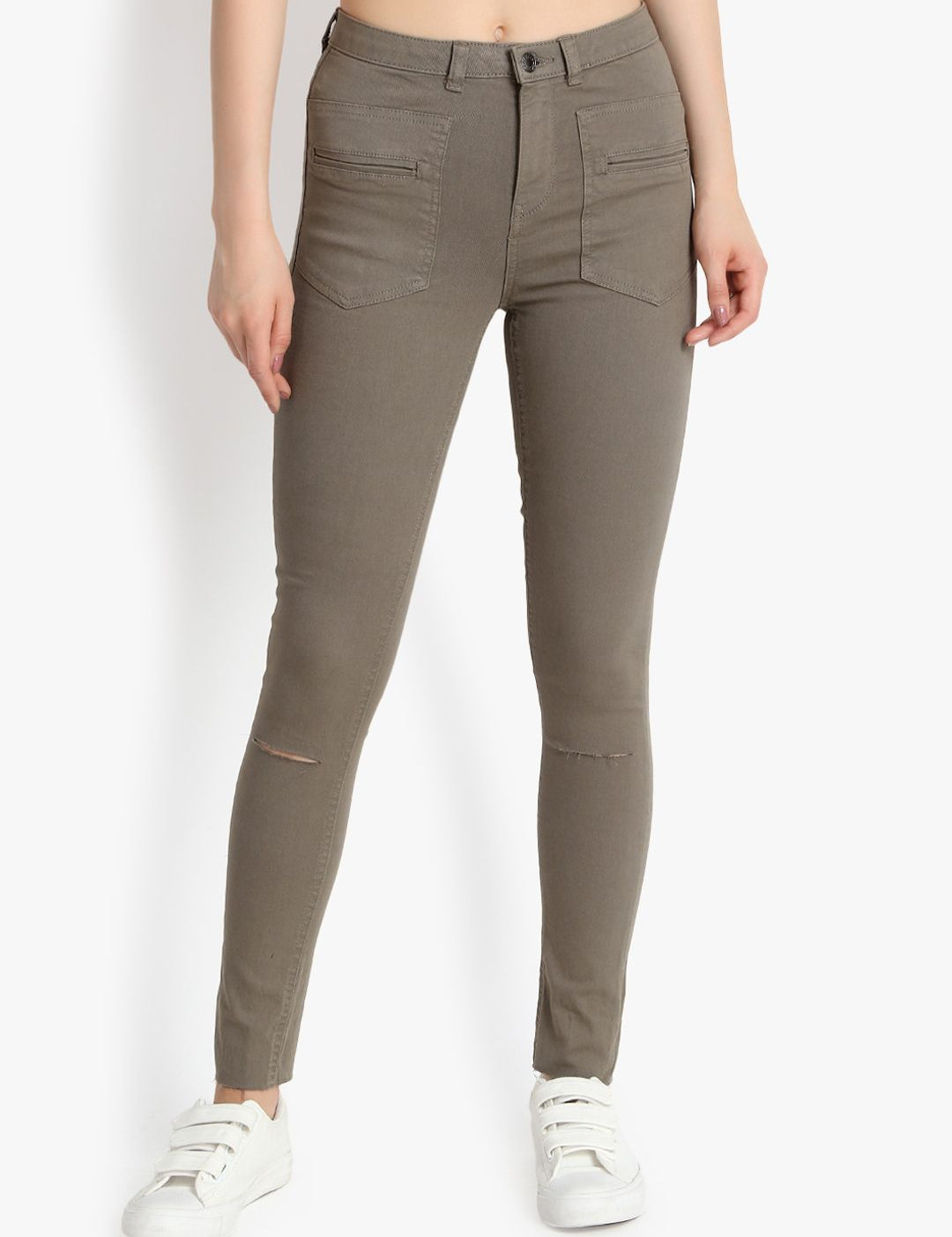 Kotty Women Taupe Skinny Fit High-Rise Slash Knee Jeans