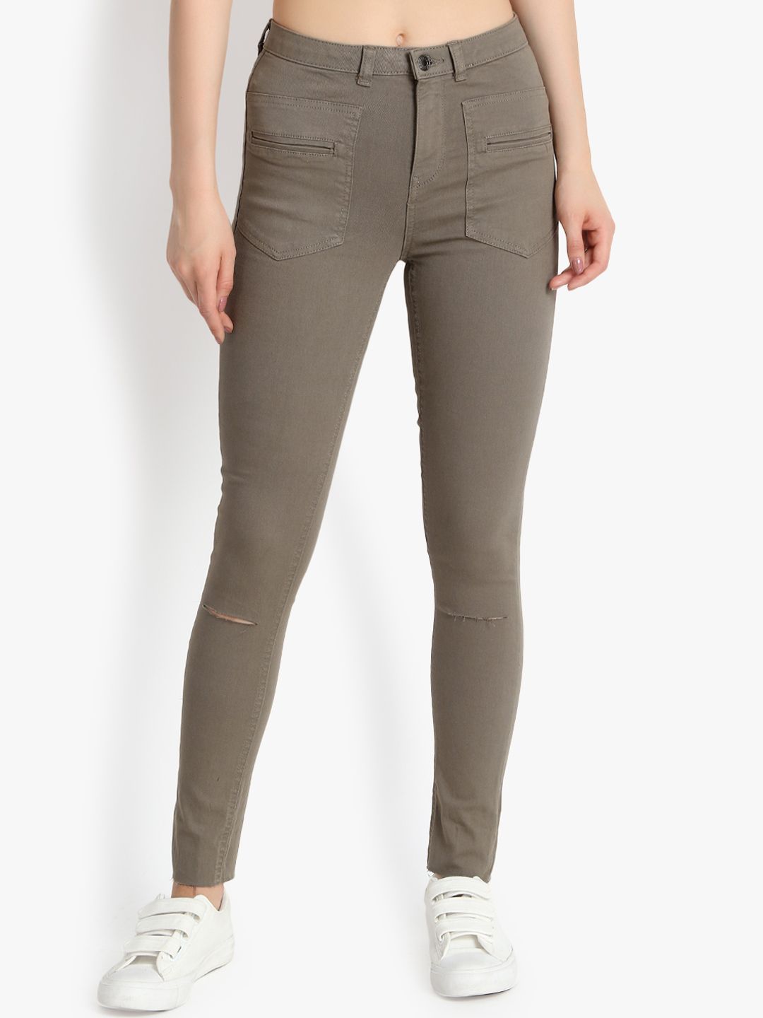 Kotty Women Taupe Skinny Fit High-Rise Slash Knee Jeans