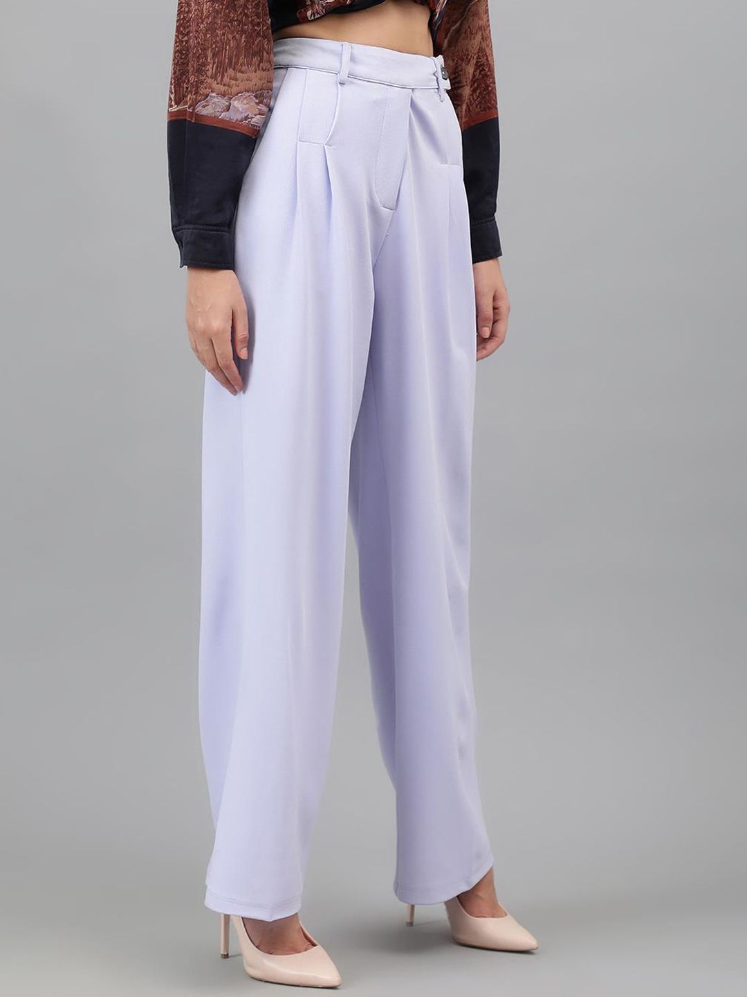 Kotty Women Purple Relaxed Straight Leg Straight Fit Easy Wash Pleated Trousers