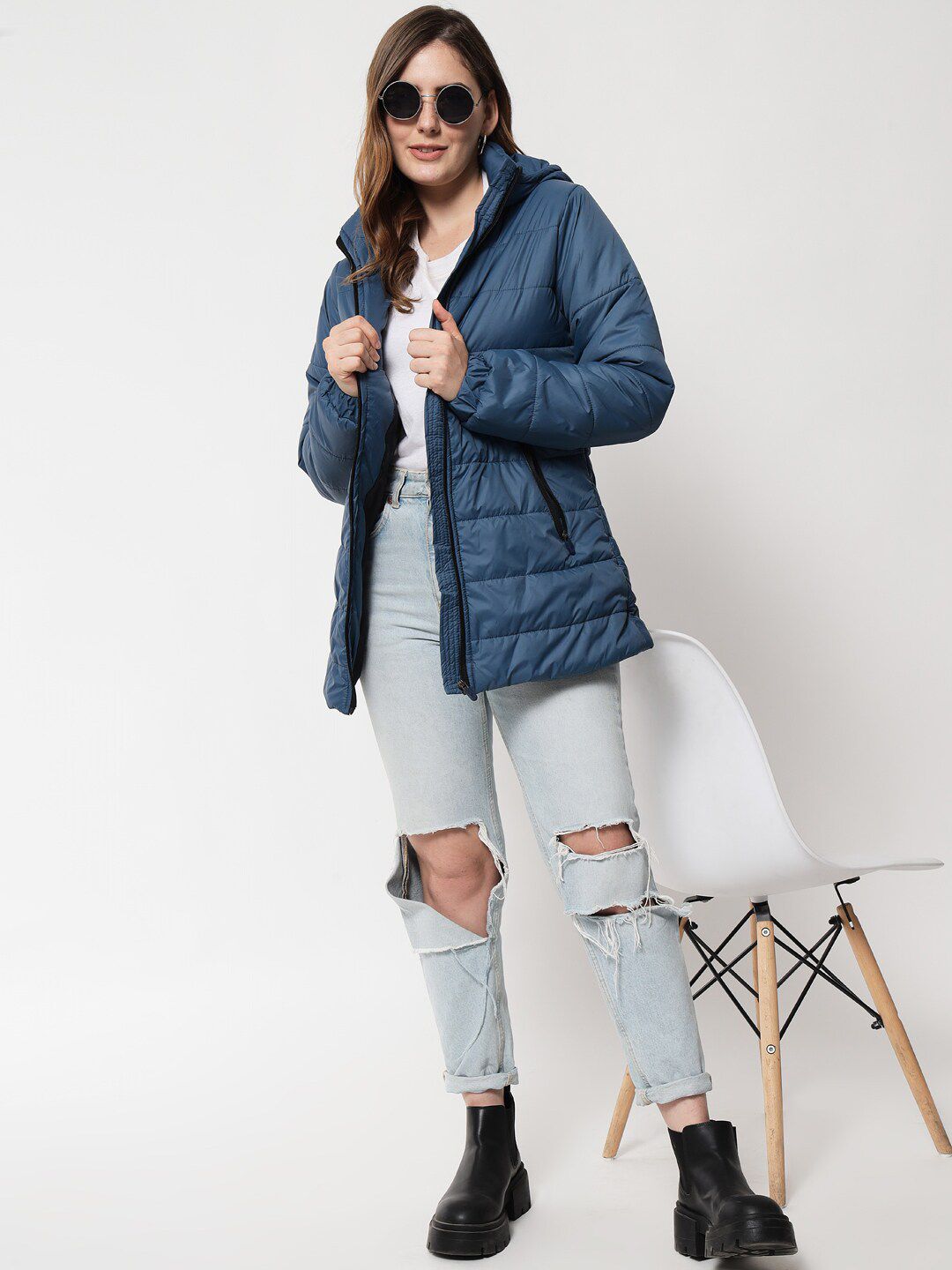 Kotty Women Blue Solid Longline Padded Jacket