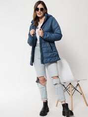 Kotty Women Blue Solid Longline Padded Jacket