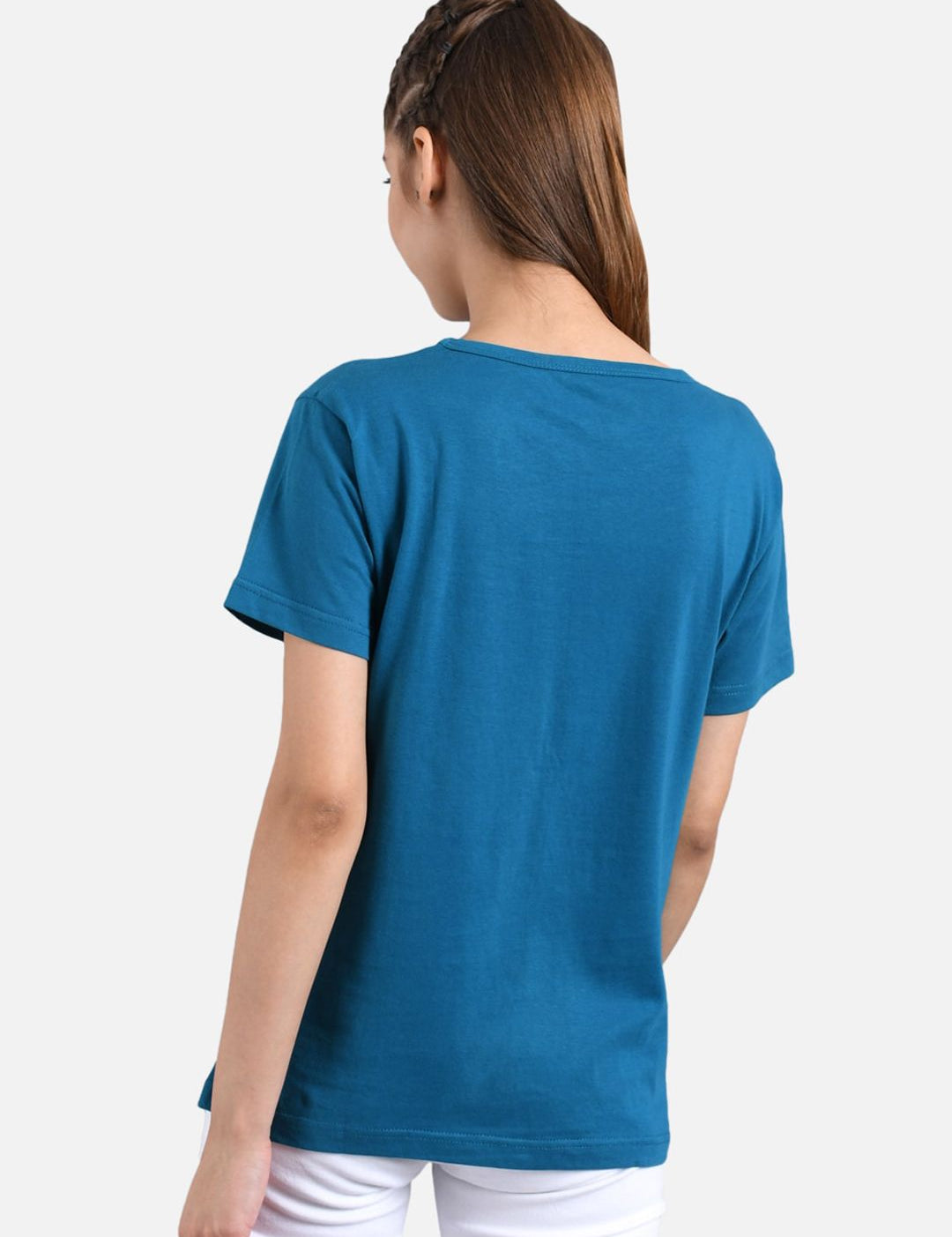 Kotty Women Teal Blue Printed Round Neck T-shirt