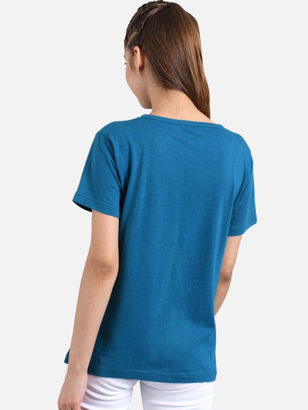 Kotty Women Teal Blue Printed Round Neck T-shirt