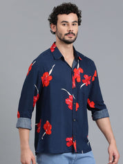Kotty Navy Blue & Red Floral Printed Spread Collar Relaxed Fit Casual Shirt
