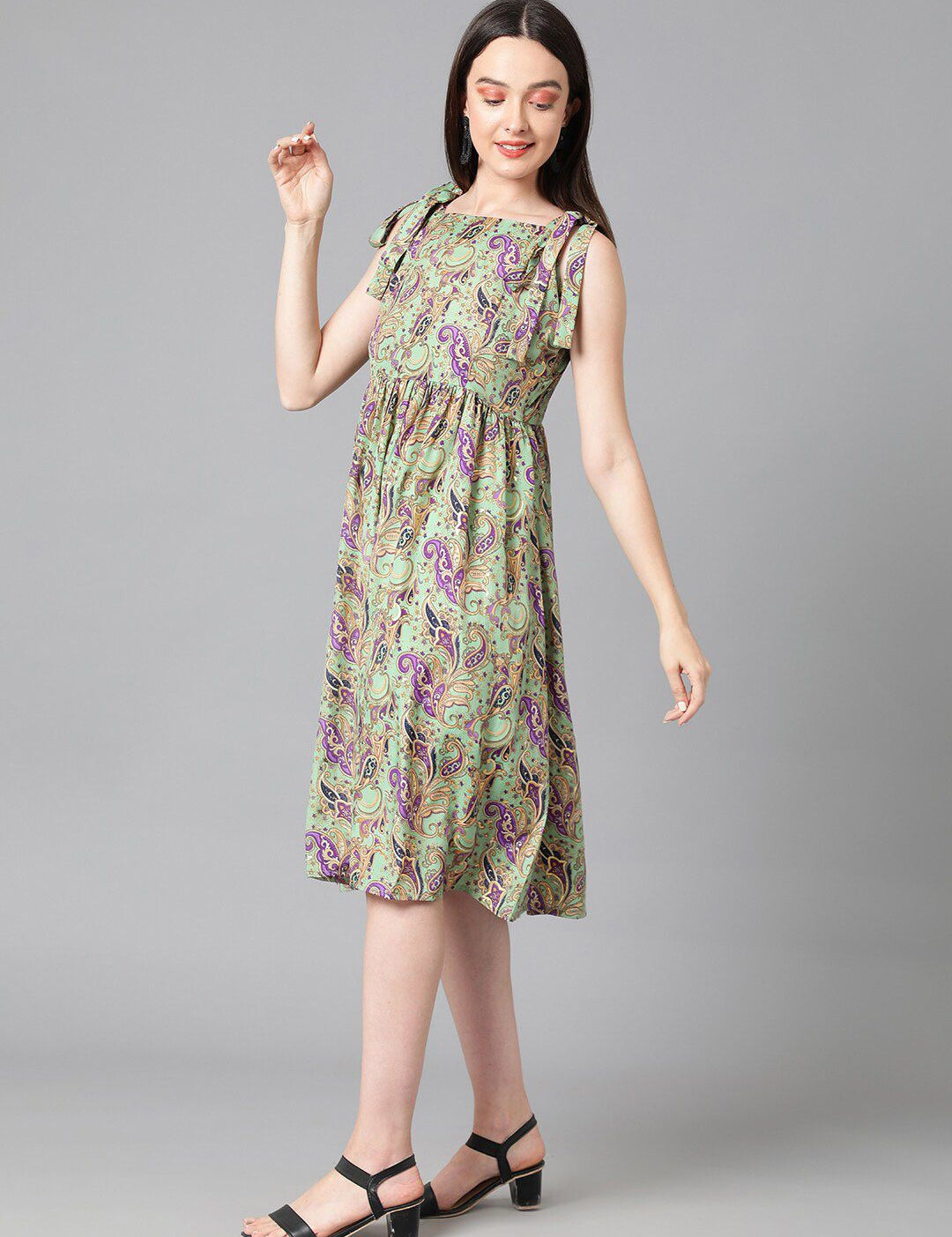 Kotty Sea Green & Purple Ethnic Motif Printed Tie-Up Shoulder Strap Fit & Flare Dress