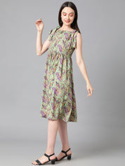 Kotty Sea Green & Purple Ethnic Motif Printed Tie-Up Shoulder Strap Fit & Flare Dress