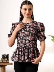 Kotty Floral Print Puff Sleeve Peplum Top