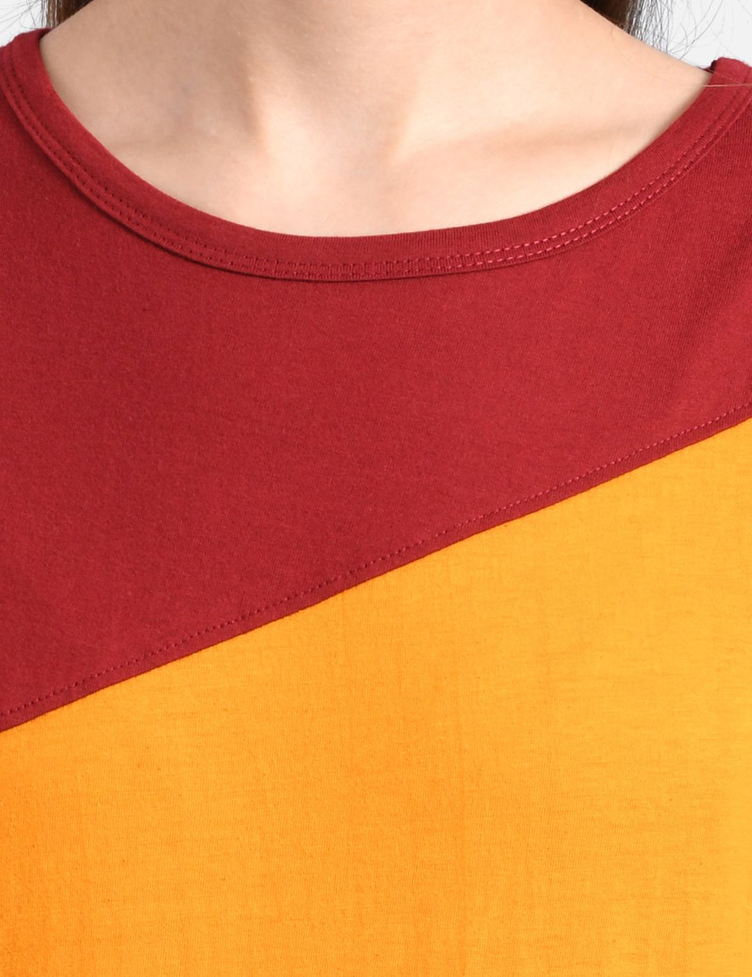 Kotty Women Yellow & Red Colourblocked Round Neck T-shirt