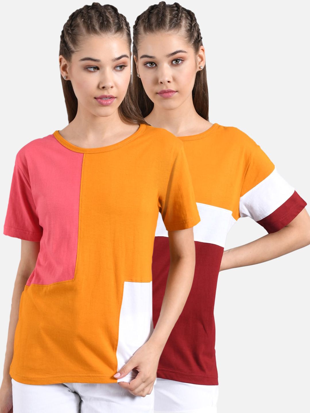 Kotty Women Pack of 2 Colourblocked Round Neck T-shirts