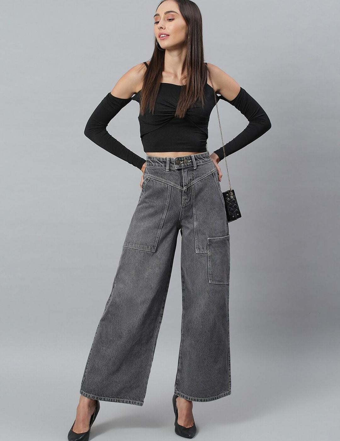 Kotty Women Grey Flared High-Rise Light Fade Stretchable Jeans