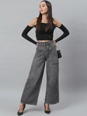 Kotty Women Grey Flared High-Rise Light Fade Stretchable Jeans