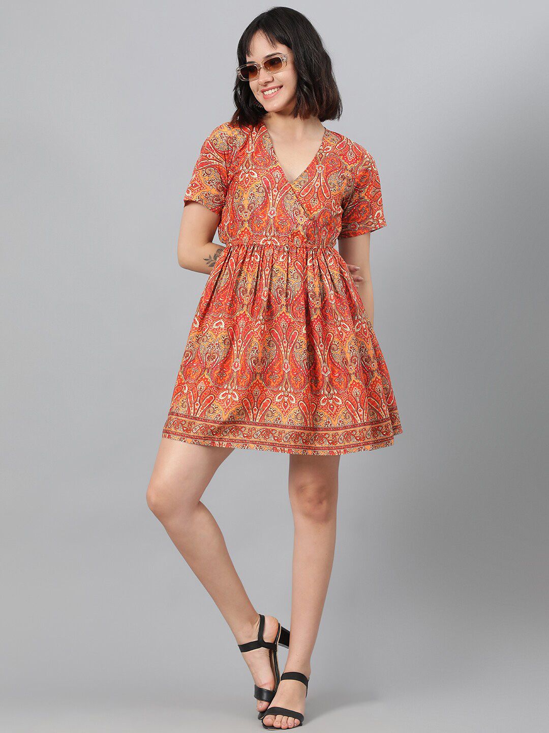 Kotty Orange Ethnic Motif Printed Fit & Flare Mini Dress