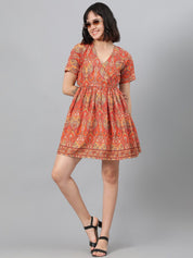 Kotty Orange Ethnic Motif Printed Fit & Flare Mini Dress