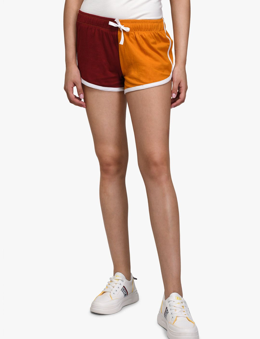 Kotty Women Maroon & Yellow Colourblocked Regular Fit Shorts