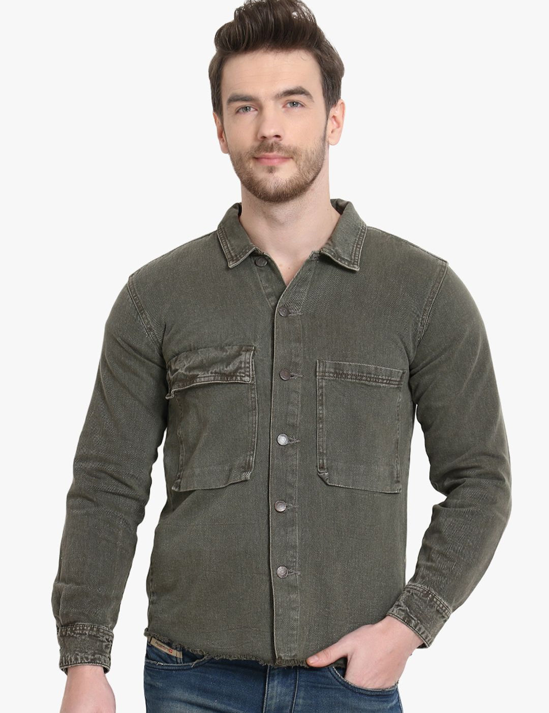 Kotty Men Olive Green Solid Denim Jacket
