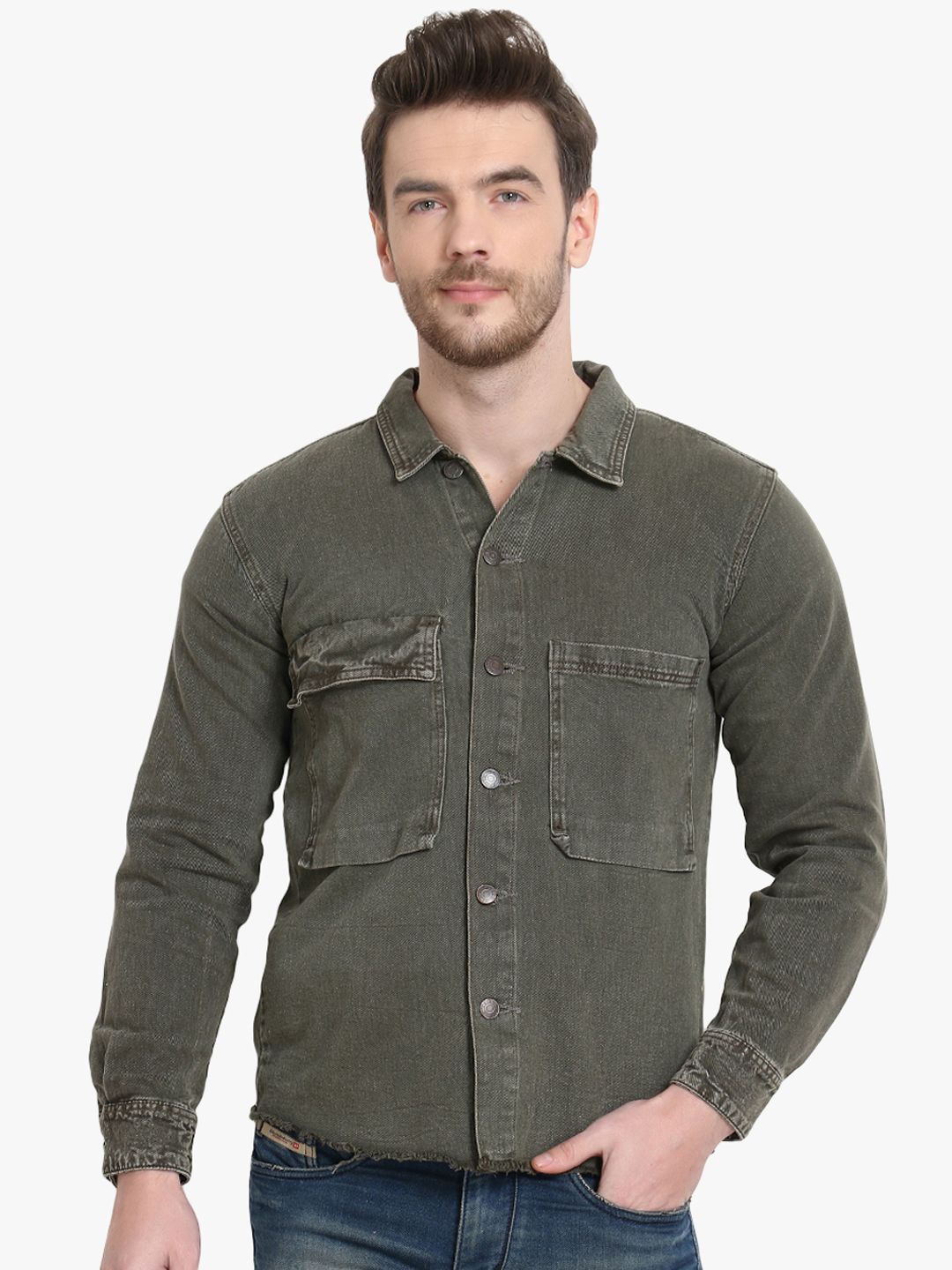 Kotty Men Olive Green Solid Denim Jacket