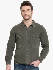 Kotty Men Olive Green Solid Denim Jacket