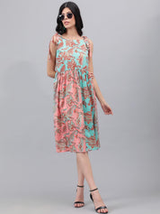 Kotty Pink And Sea Green Paisley Ethnic Print Fit & Flare Midi Dress