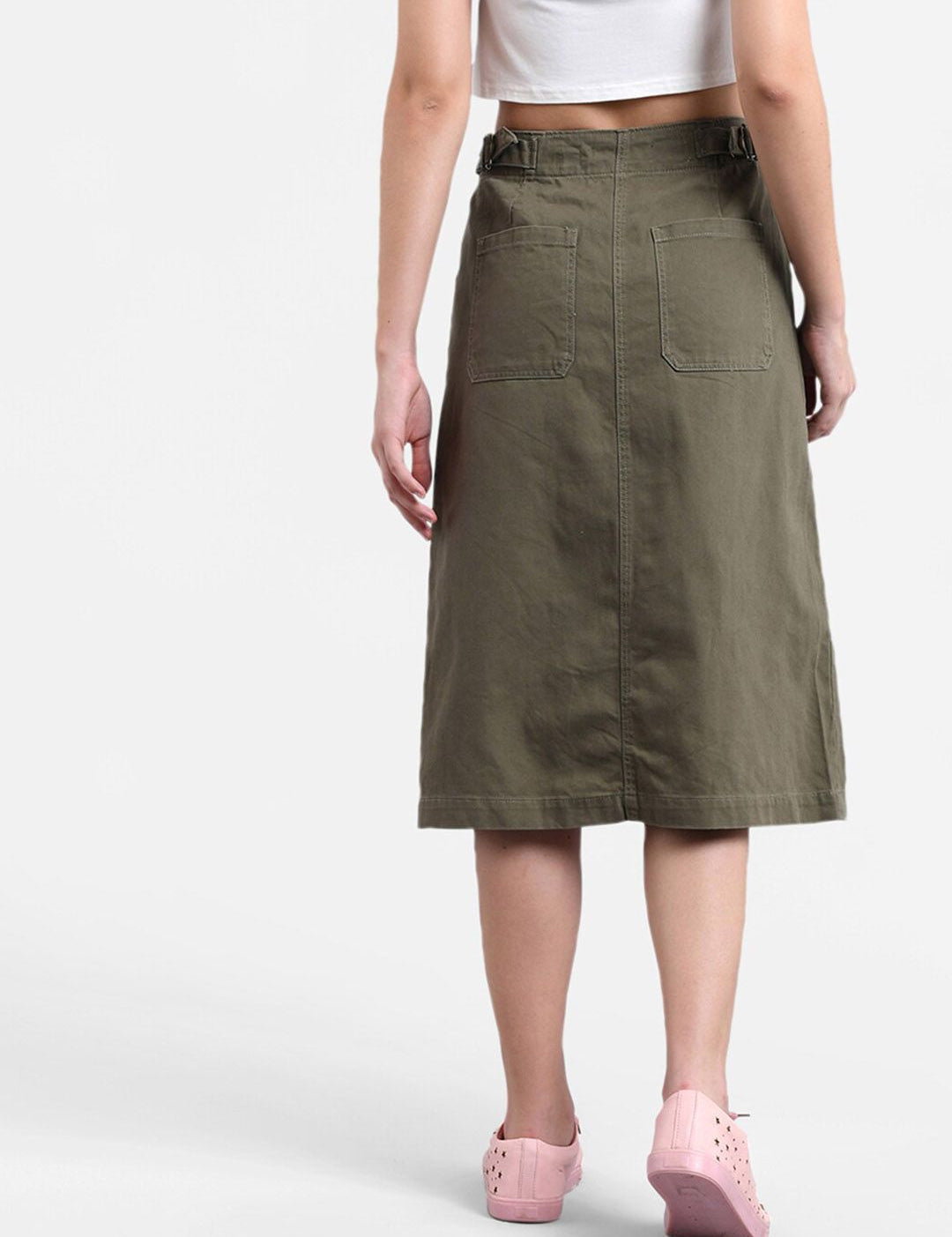 Kotty Women Olive Green Solid Midi A-Line Skirt