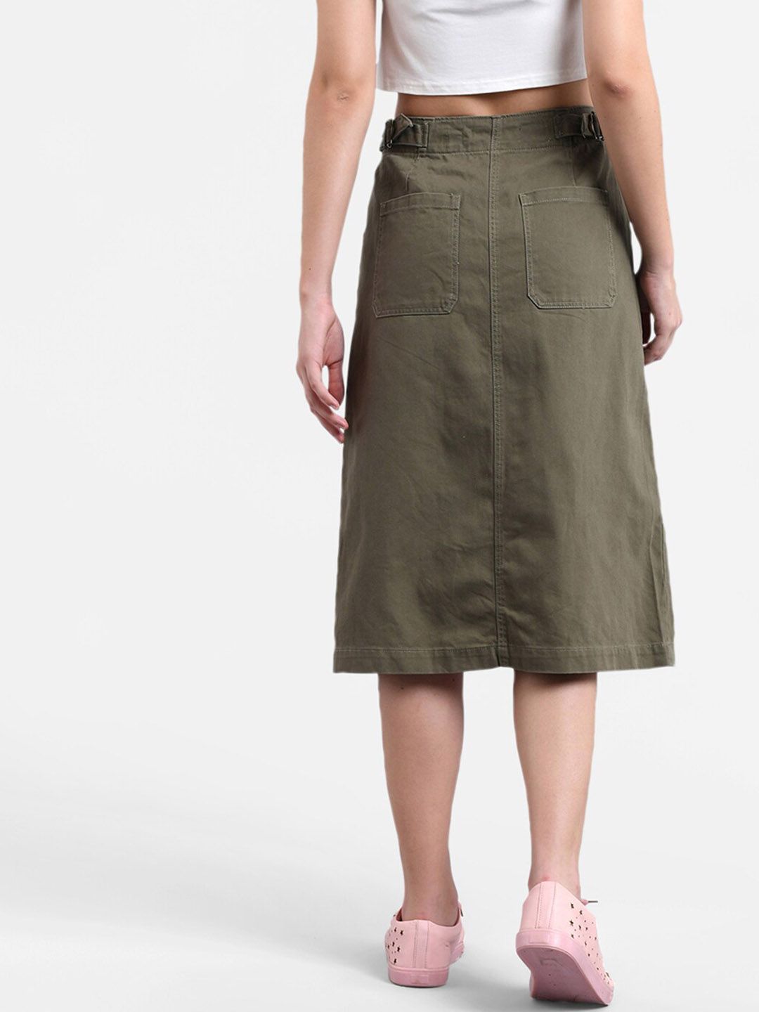Kotty Women Olive Green Solid Midi A-Line Skirt