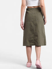 Kotty Women Olive Green Solid Midi A-Line Skirt