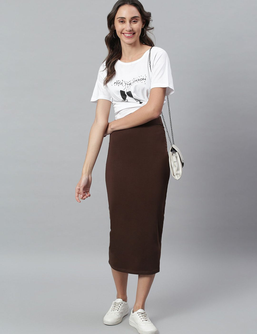 Kotty Women Brown Solid Pencil Midi Skirt