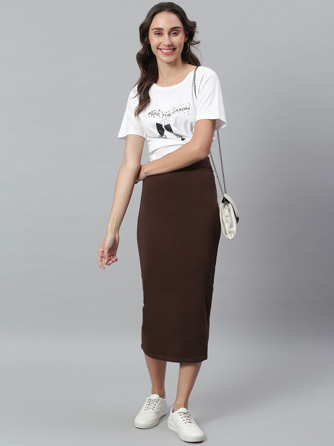 Kotty Women Brown Solid Pencil Midi Skirt