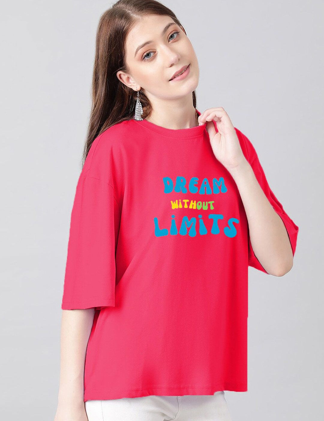 Kotty Pink & Blue Typography Printed Drop Shoulder Sleeves Oversized Casual T-Shirt