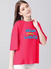 Kotty Pink & Blue Typography Printed Drop Shoulder Sleeves Oversized Casual T-Shirt