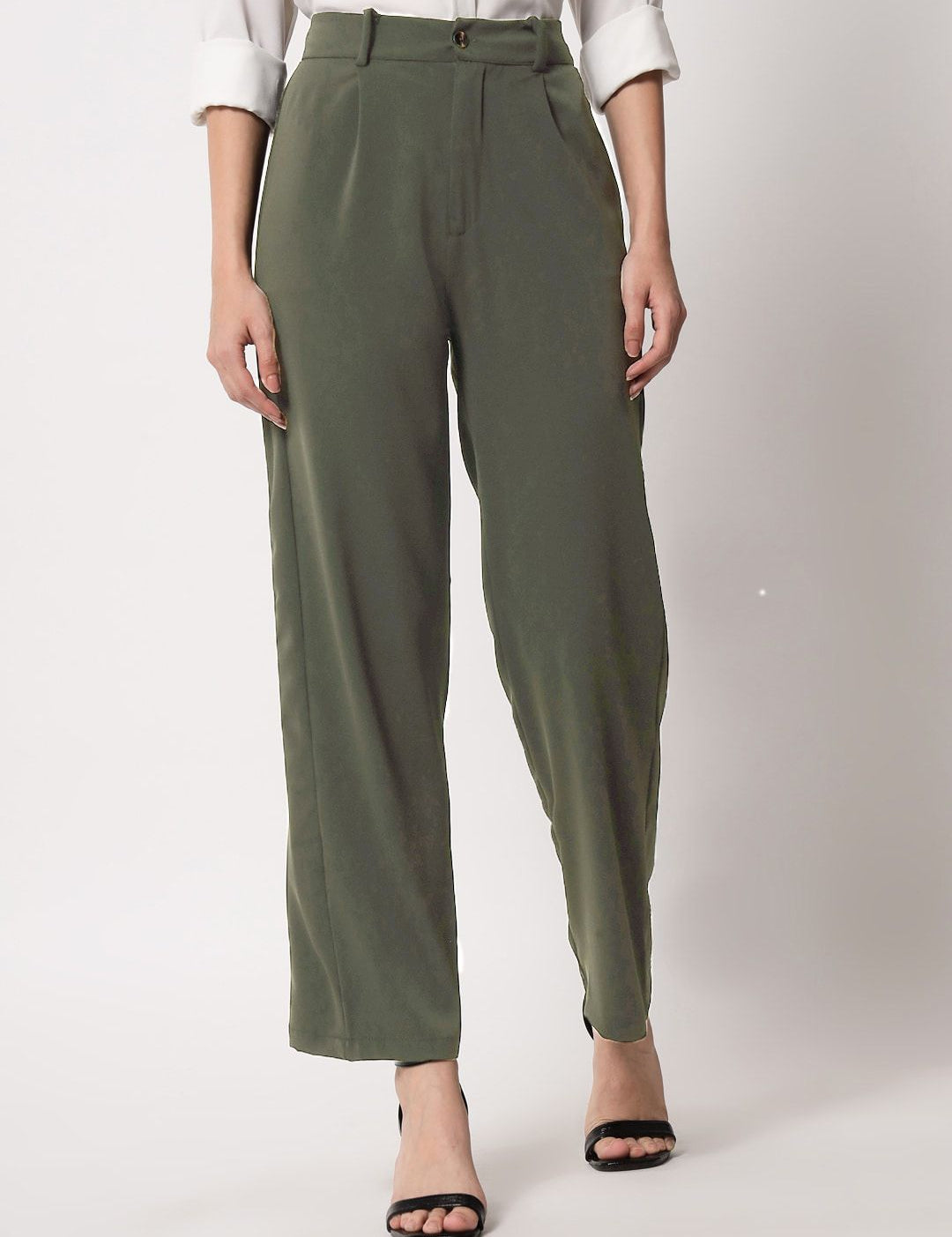 KOTTY BIZwear Women Green Relaxed Straight Leg Straight Fit High-Rise Trousers