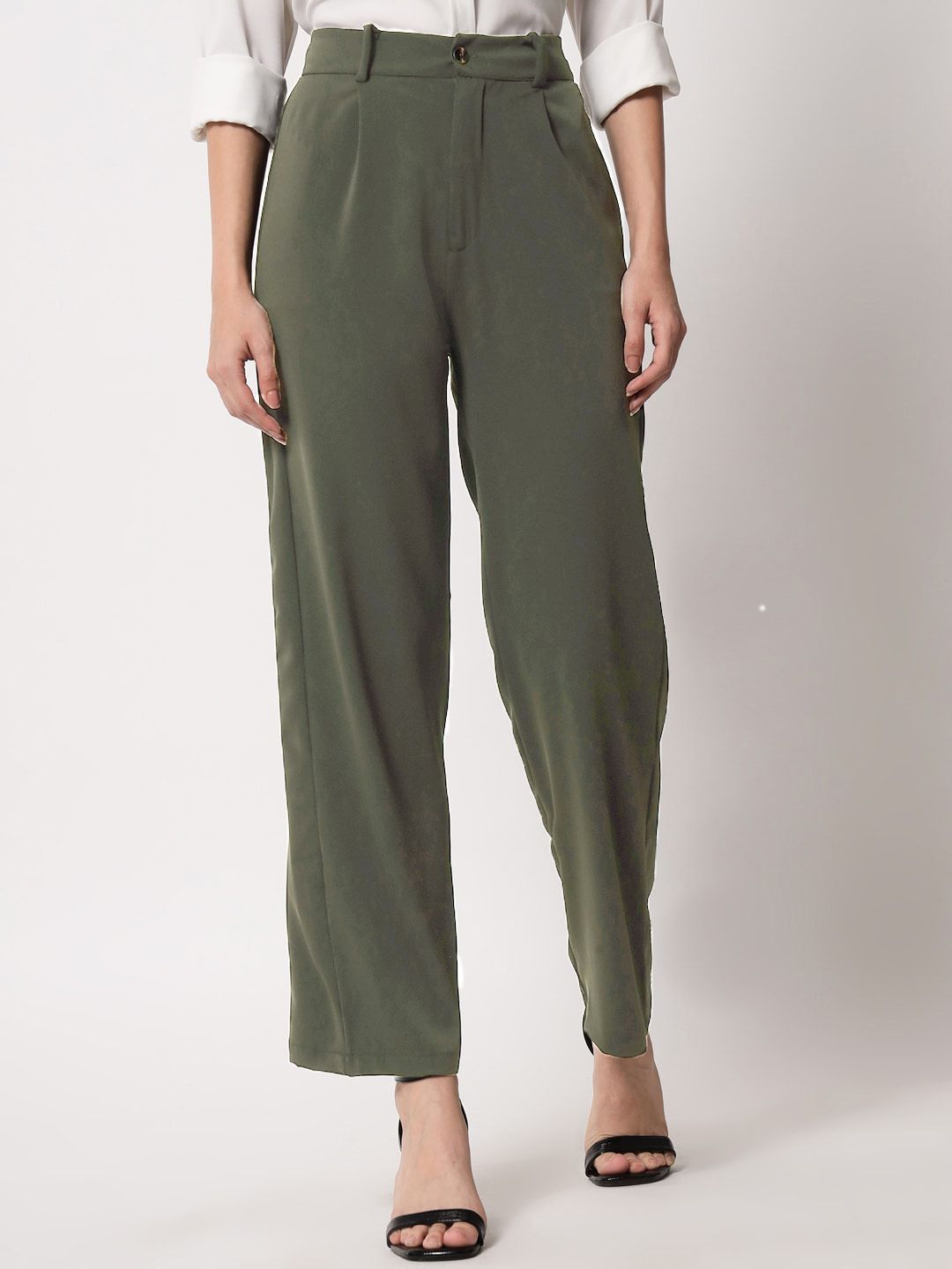 KOTTY BIZwear Women Green Relaxed Straight Leg Straight Fit High-Rise Trousers