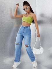 Kotty Women Straight Fit High-Rise Clean Look Light Fade Stretchable Jeans