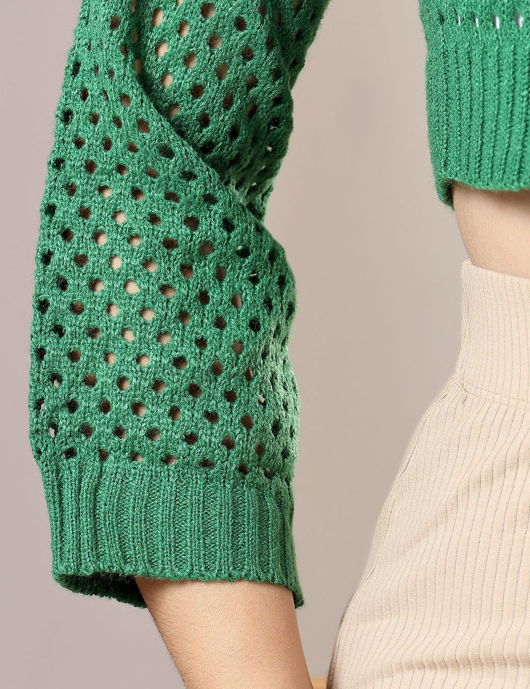 Kotty Women Self Design Open Knit Crop Pullover