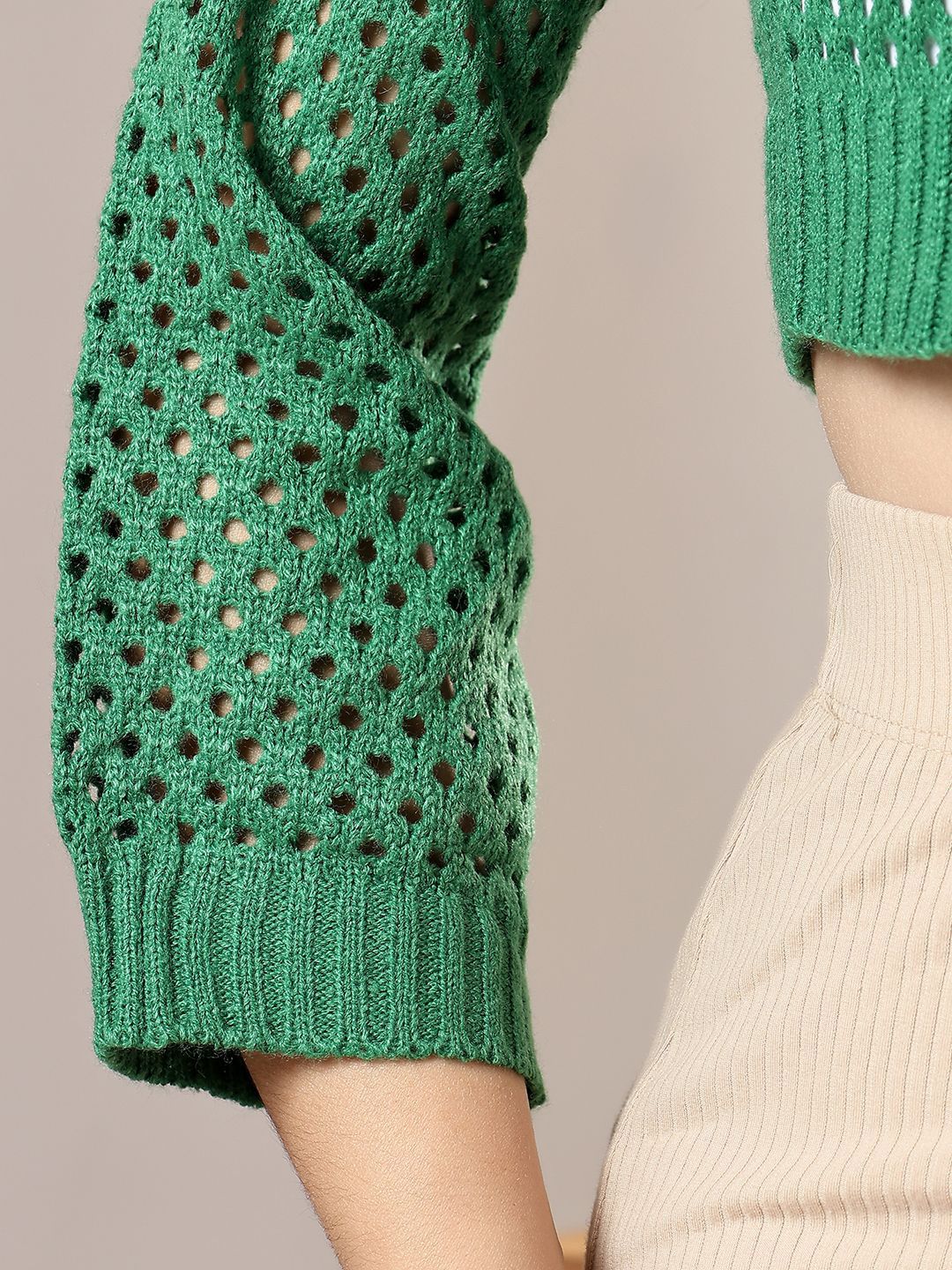 Kotty Women Self Design Open Knit Crop Pullover