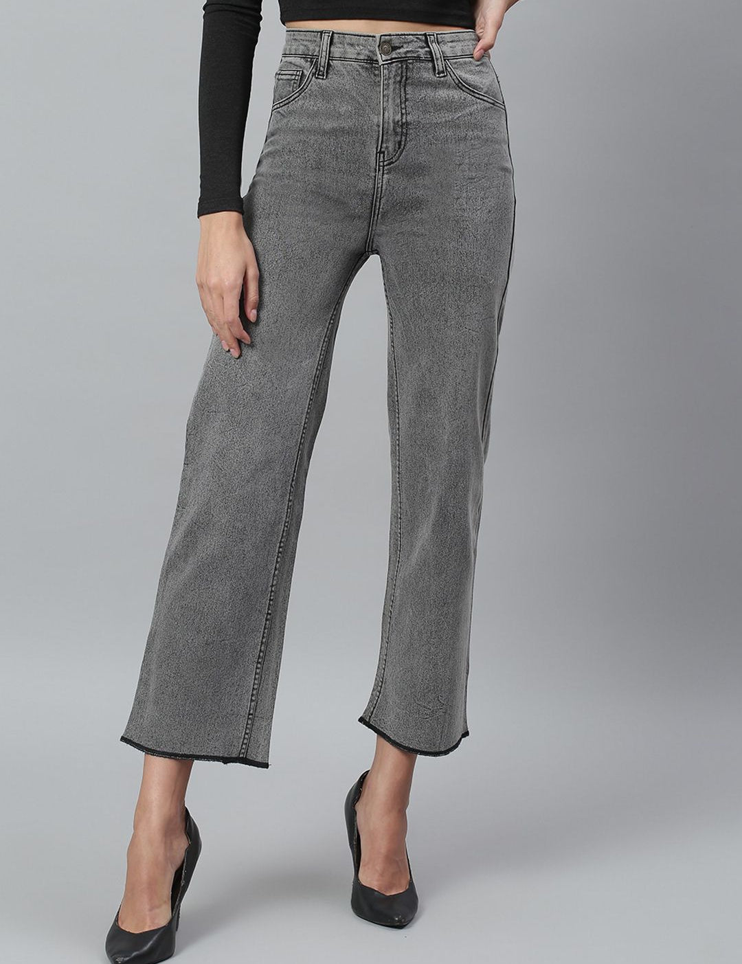 Kotty Women Grey Flared High-Rise Light Fade Stretchable Jeans