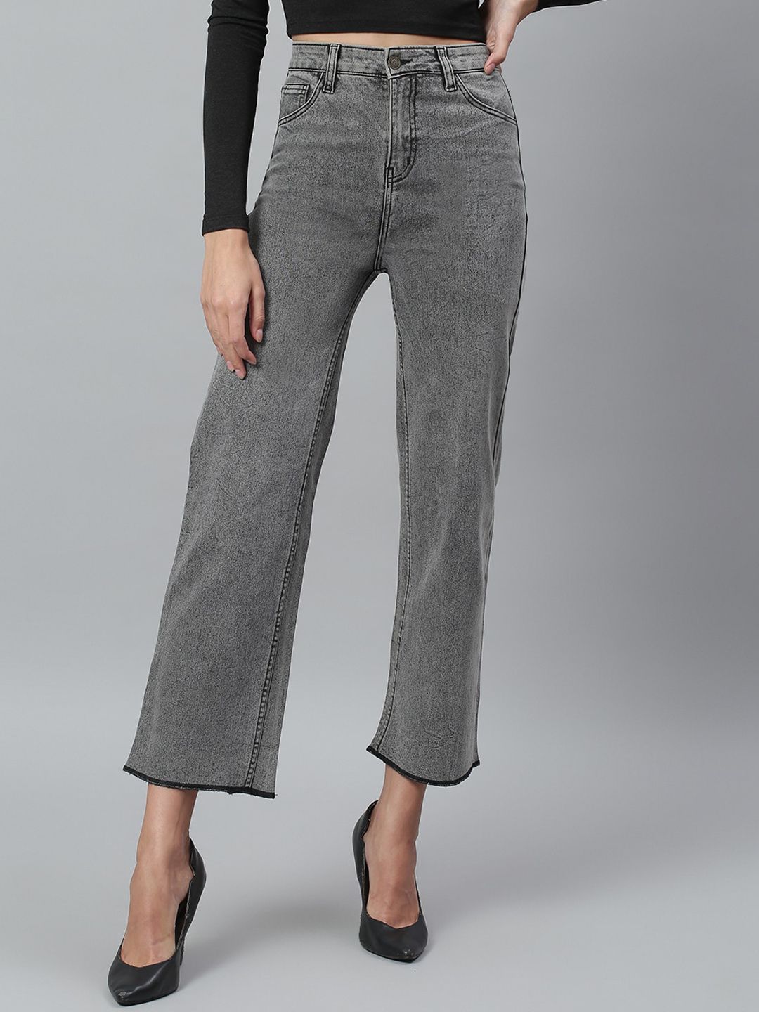 Kotty Women Grey Flared High-Rise Light Fade Stretchable Jeans