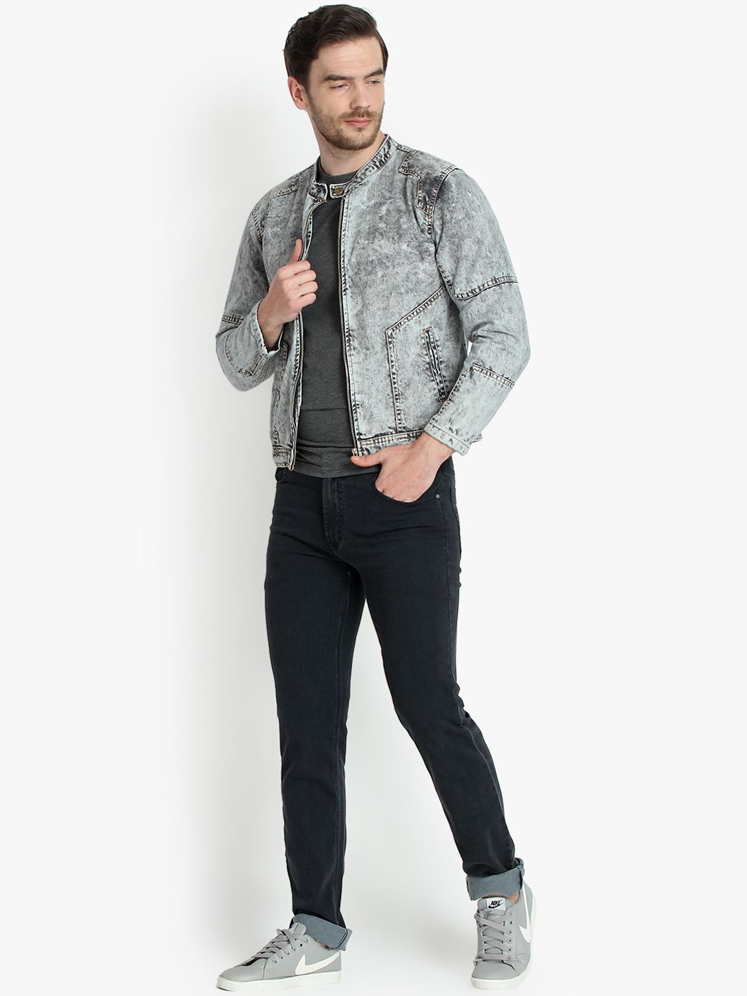 Kotty Men Charcoal Grey Solid Denim Jacket