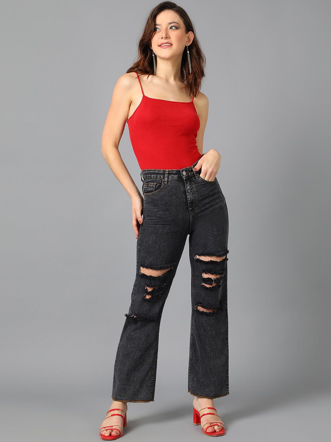 Kotty Black Women Jean Straight Fit High-Rise Mildly Distressed Stretchable Jeans