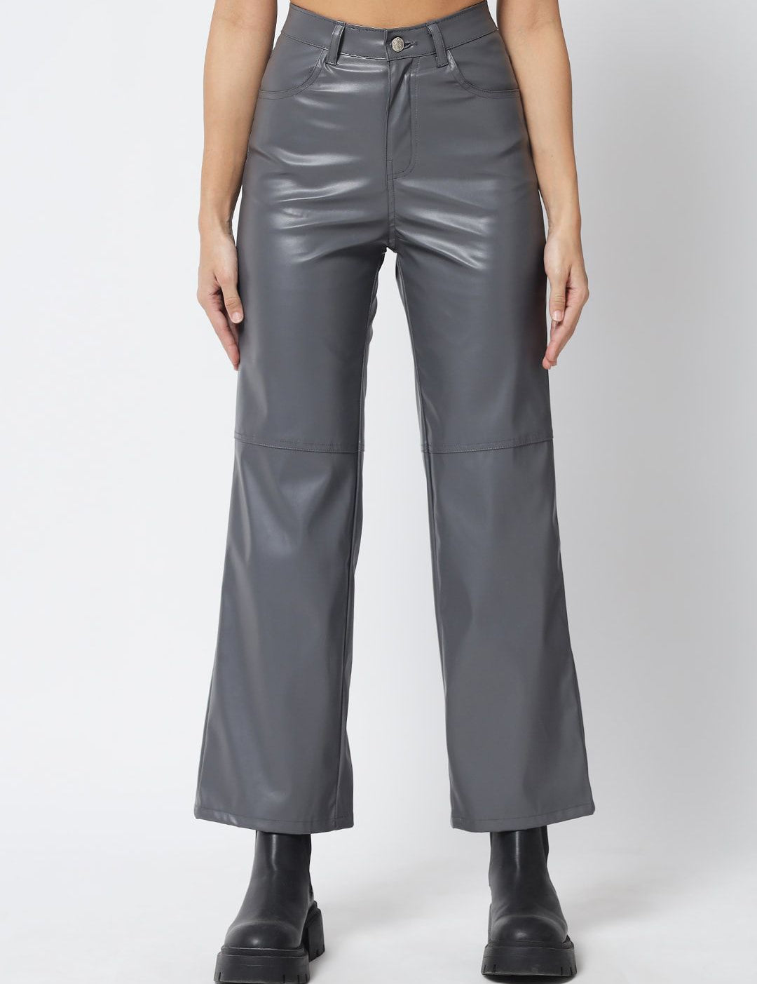 Kotty Women Grey Relaxed Straight Fit High-Rise Trousers