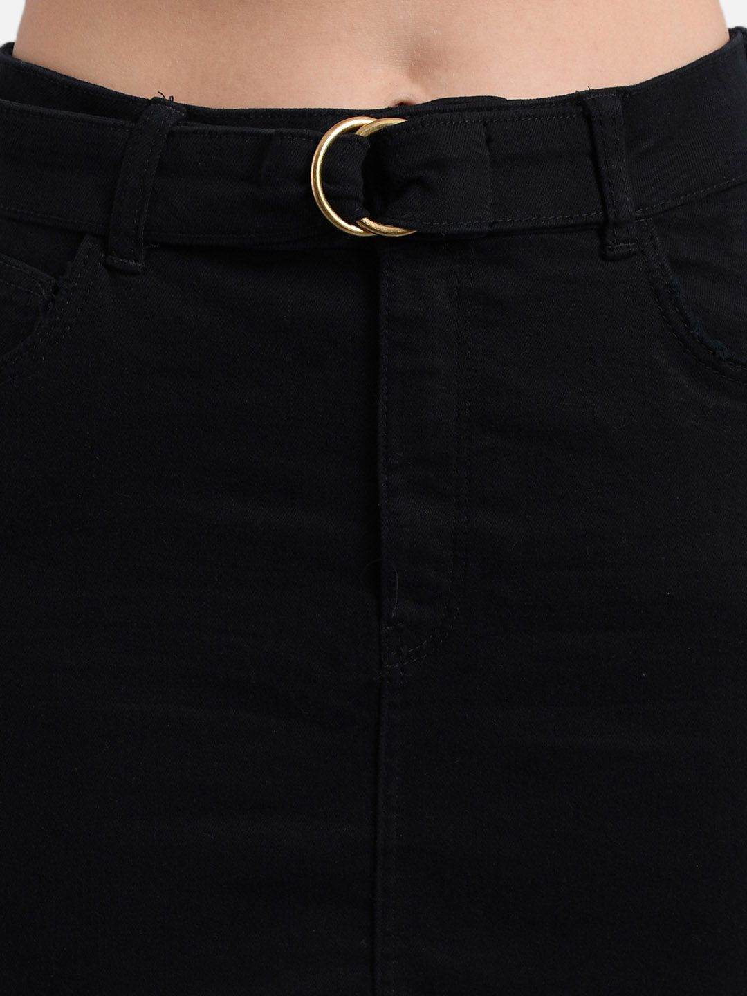 Kotty Women Black Solid Denim Straight Mini Skirt